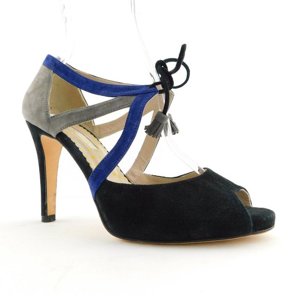 BODEN Black Gray Blue Suede Leather Tassel Tie Ankle Caged Heel Pumps 39 - Picture 1 of 10